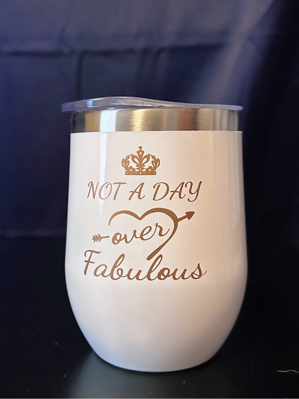New White Stainless Wine Tumbler with Gold 'Not A Day Over Fabulous' Script